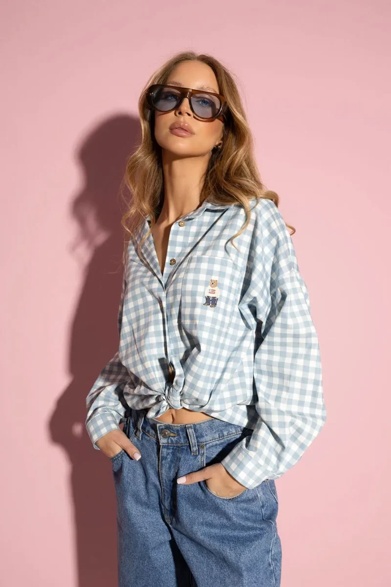 Koszula błękitna w kratę z misiem NOA | Butik MAMIBO