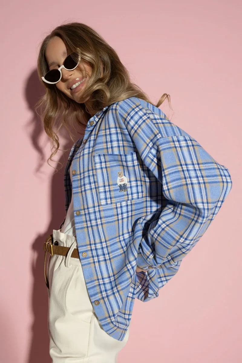 Koszula niebieska w kratę z misiem | Butik MAMIBO
