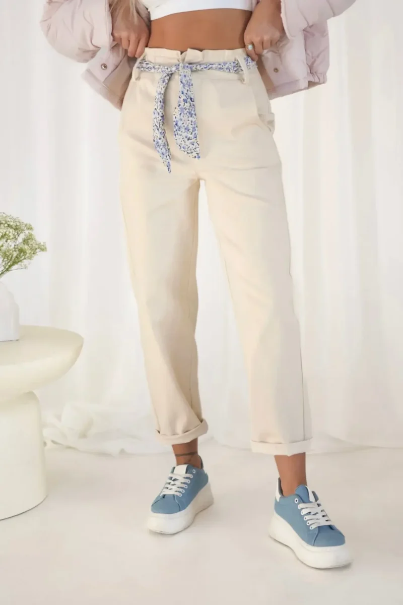 Spodnie beżowe z ozdobną szarfą GAIA | Butik MAMIBO